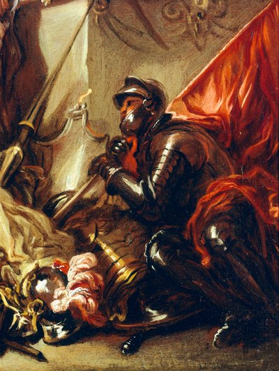 Sotilas pitelee lippua, yksityiskohta Allegory of Warista, Luca Giordano (1634-1705), öljy kankaalle, 61x50 cm tekijältä Luca Giordano