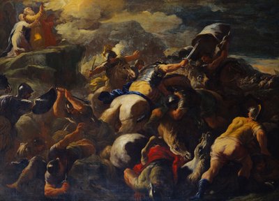 Taistelu israelilaisten ja amalekilaisten välillä, Aaron ja Hur tukevat Mooseksen aseita kukkulan laella tuolla takana tekijältä Luca Giordano