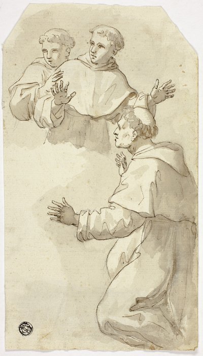Kolme säikähtänyttä munkkia, yksi polvistuu, kaksi seisoo tekijältä Luca Giordano