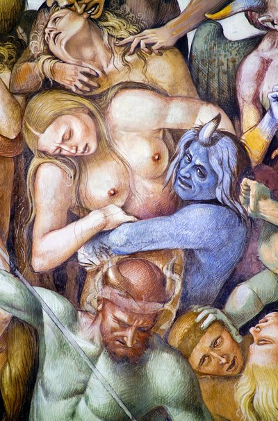 Helvetin kirottu, yksityiskohta Luca Signorellin omakuvalla sinisen demonin varjossa, Last Judgment -frescosyklistä tekijältä Luca Signorelli