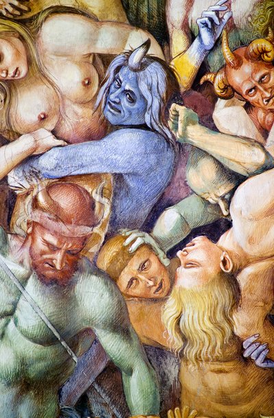 Helvetin kirottu, yksityiskohta Luca Signorellin omakuvalla sinisen demonin varjossa, Viimeinen tuomio -freskojaksosta tekijältä Luca Signorelli