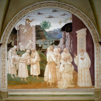 Saint Benoitin elämä: "" Saint Benoit herättää henkiin työskentelevän munkin Mount Cassinin luostarin (monte cassino) rakennustyömaalla sen jälkeen, kun muuri romahti demonin takia. Luca Signorellin fresko (n. 1445-1523) tekijältä Luca Signorelli