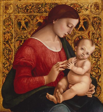 Madonna ja lapsi, n. 1505-07 (öljyä ja kultaa puussa) tekijältä Luca Signorelli