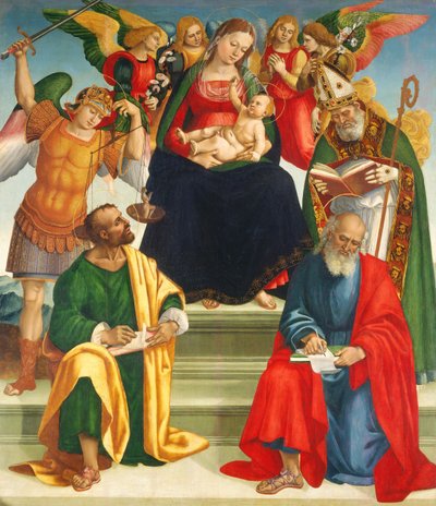Madonna ja lapsi pyhien ja enkelien kanssa, 1510-luvun puoliväli tai loppu. tekijältä Luca Signorelli