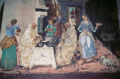 Pyhä Benedictus nuhtelee kahta sääntöä rikkonutta munkkia, kohtaus Monte Oliveto Maggioren Pyhän Benedictuksen tarinoista tekijältä Luca Signorelli