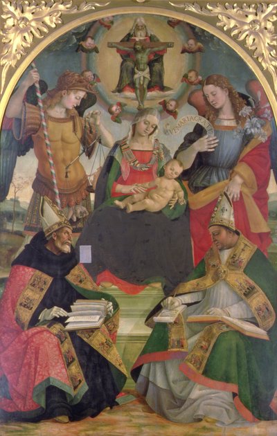 Kolminaisuus, Madonna ja lapsi, enkelit ja pyhimykset, noin 1505-08 (öljy paneelille). tekijältä Luca Signorelli