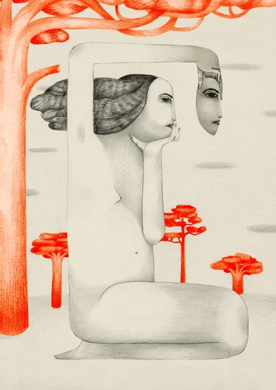 Surrealistinen mietiskelevä nainen tekijältä Luca di Napoli