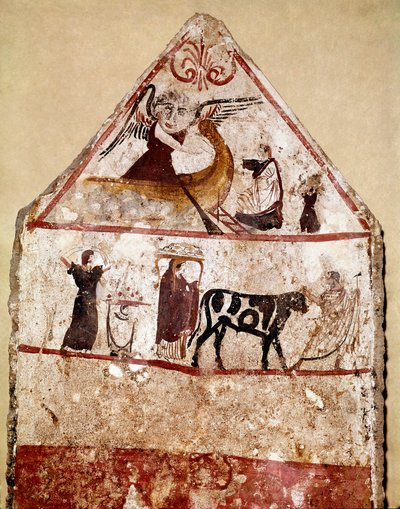 Härkä johtaa uhrausalttarille Lucanian freskon 4. vuosisadalta eKr. Andriuolo-hautausmaa Paestumista Italiasta. Museo nazionale archeologico, Paestum tekijältä Lucanian School