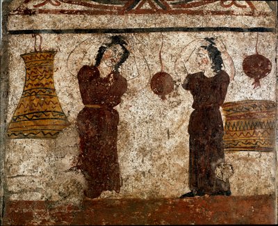 Ryhmä tanssijoita hautajaisriitissä Lucanian fresko 4. vuosisadalta eKr. Paestumin hautausmaalta Italiasta. Museo nazionale archeologico, Paestum tekijältä Lucanian School
