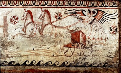 Voitto, jota johti suuri lucanilainen fresko 4. vuosisadalta eKr. Paestumin hautausmaalta Italiasta. Museo nazionale archeologico, Paestum tekijältä Lucanian School