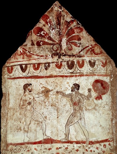 Kaksi urheilijaa pelaamassa pugilat (nyrkkeily) Lucanian frescoa 4. vuosisadalta eKr. Paestumin hautausmaalta Italiasta. Museo nazionale archeologico, Paestum tekijältä Lucanian School