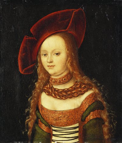 Nuoren puolipitkän tytön muotokuva yllään vihreä ja kultainen puku ja punainen hattu tekijältä Lucas Cranach