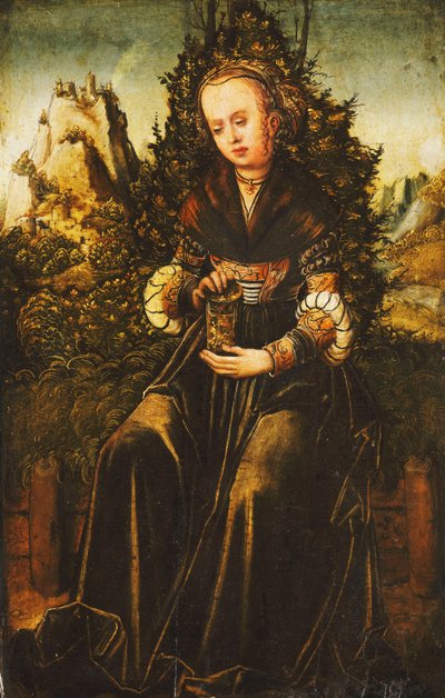 Pyhä Maria Magdaleena istuu ruohoisella reunalla vuoristoisessa maisemassa, tekijältä Lucas Cranach