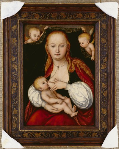 Neitsyt ja lapsi, kolme neljäsosaa pituudeltaan, putti nostaa verhoa takana tekijältä Lucas Cranach