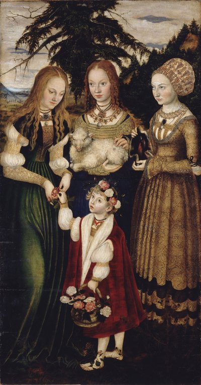 Alttaritaulu Pyhän Katariinan marttyyrikuolemalla, vasen siipi: Pyhät Dorothea, Agnes ja Cunigund tekijältä Lucas Cranach the Elder
