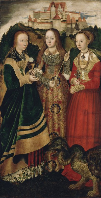 Alttaritaulu Pyhän Katariinan marttyyrikuolemalla, oikea siipi: Pyhä Barbara, Ursula ja Margaret tekijältä Lucas Cranach the Elder
