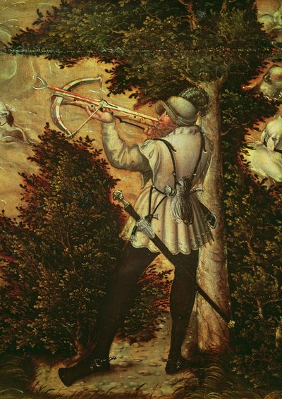 Varsijousimies tähtäämässä, yksityiskohta "Hunt in Honor of Charles V lähellä Hartenfelsin linnaa, Torgau", 1544 tekijältä Lucas Cranach the Elder