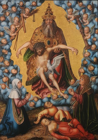 Kolminaisuus, jota Maria ja Sebastian kunnioittavat. Noin 1515 tekijältä Lucas Cranach the Elder