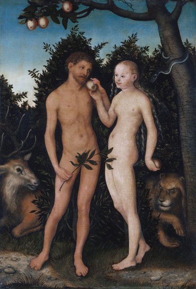 Saksa: Adam und Eva im Paradies (Sündenfall) Aatami ja Eeva paratiisissa (Syntiinlankeemus) tekijältä Lucas Cranach the Elder