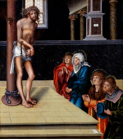 Saksan kieli: Christus als Schmerzensmann an der Geißelsäule Kristus murheiden miehenä. tekijältä Lucas Cranach the Elder