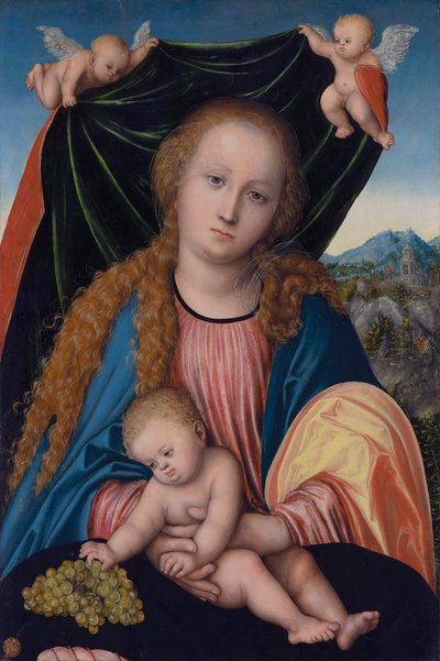 Saksa: Madonna lapsen ja viinirypäleiden kanssa, Kaksi enkeliä pitelee verhoa Neitsyt ja lapsi tekijältä Lucas Cranach the Elder