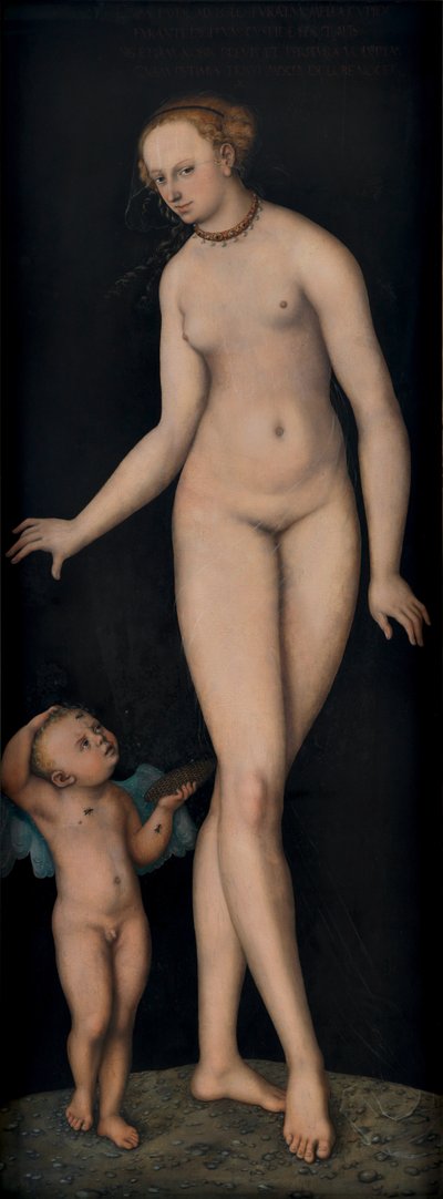 Saksa: Venus mit Amor als Honigdieb vor schwarzem Grund Venus ja Amor hunajavarkaana mustaa taustaa vasten. tekijältä Lucas Cranach the Elder