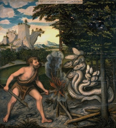 Herkules ja lernean käärme. Herkuleen teot -sarjasta. Vuoden 1537 jälkeen tekijältä Lucas Cranach the Elder
