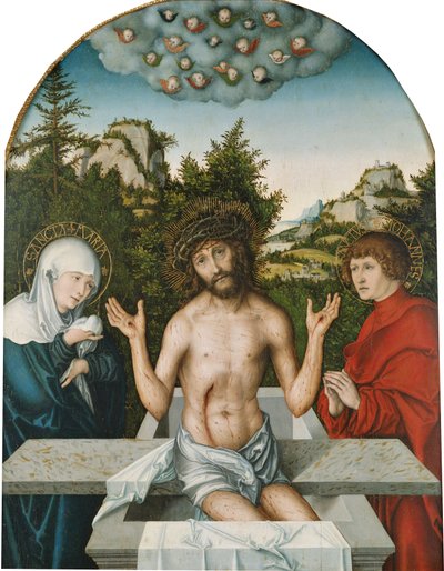 Pfirtscherin alttaritaulu: Neitsyt Marian ja Johanneksen välissä sarkofagilla istuva Kristus surumiehenä [keskitaulu]. tekijältä Lucas Cranach the Elder