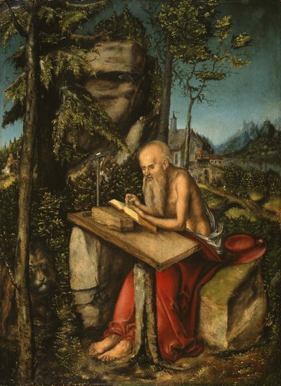 Pyhä Jerome kivisessä maisemassa tekijältä Lucas Cranach the Elder
