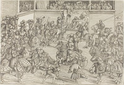 Toinen turnaus, jossa on seinävaatekangas, jossa on Simson ja leijona. tekijältä Lucas Cranach the Elder