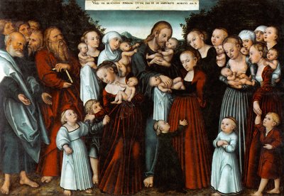 Saksa: Christus segnet die Kinder Kristus siunaa lapset. tekijältä Lucas Cranach the Younger