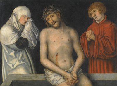 Saksa: Der Schmerzensmann zwischen Maria und Johannes Sureva mies Neitsyt Marian ja Johanneksen rinnalla. tekijältä Lucas Cranach the Younger