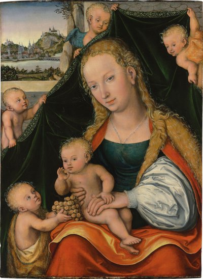 Saksa: Madonna und Kind mit dem Johannesknaben und Engeln Neitsyt ja lapsi sekä Johannes Kastajan lapsi ja enkelit. tekijältä Lucas Cranach the Younger