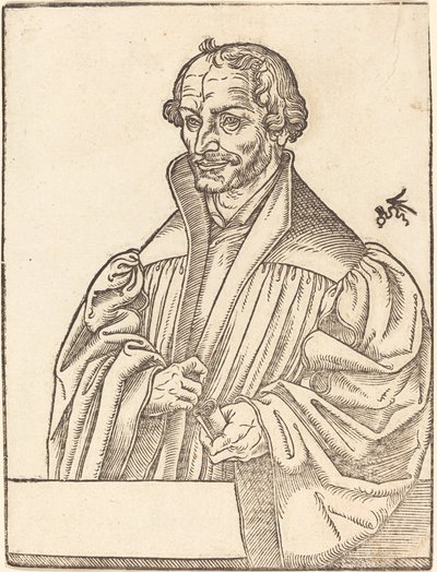 Philip Melanchton, puolipitkä vasemmalle, seisoo rintakehän takana tekijältä Lucas Cranach the Younger