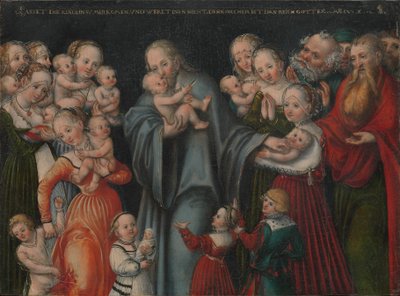 Saksa: Christus segnet die Kinder Kristus siunaa lapset. tekijältä Lucas Cranach the Younger and workshop