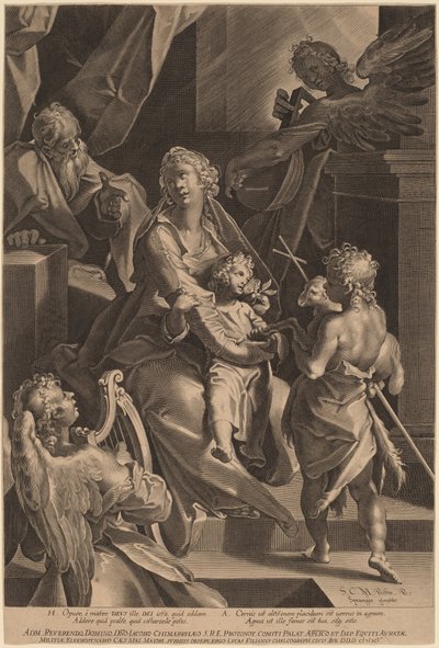 Pyhä perhe ja kaksi enkeliä tekijältä Lucas Kilian, after Bartholomaeus Spranger
