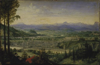 Näkymä Linziin taiteilijapiirroksen kanssa etualalla, 1593. tekijältä Lucas Valckenborch van