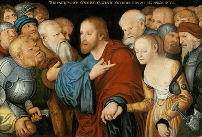 Kristus ja aviorikoksesta kiinniotettu nainen, n.1520-50. tekijältä Lucas studio of Cranach