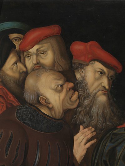 Kristus ja aviorikoksesta otettu nainen, yksityiskohta, n. 1700 (öljy puulle) tekijältä Lucas the Elder (after) Cranach