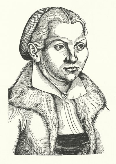 Katharina von Bora, saksalaisen protestanttisen uskonpuhdistajan Martin Lutherin vaimo (kaiverrus) tekijältä Lucas the Elder (after) Cranach
