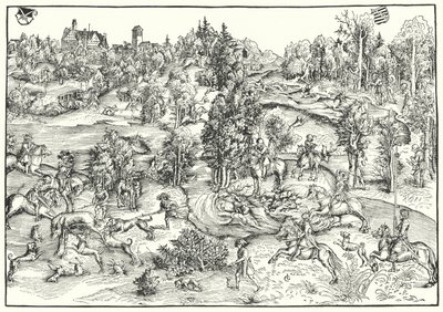 Hirvenmetsästys hirvipuistossa tai maisemassa (kaiverrus) tekijältä Lucas the Elder (after) Cranach