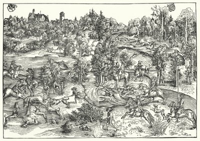 The Stag Hunt (kaiverrus) tekijältä Lucas the Elder (after) Cranach