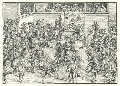 Turnaus Simsonin ja leijonan kuvakudoksella (kaiverrus) tekijältä Lucas the Elder (after) Cranach