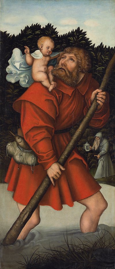 Pyhä Christopher kantaa Kristus-lapsia; ja Arkkienkeli Mikael pitelee oikeuden vaakaa (öljy paneelissa) tekijältä Lucas the Elder (workshop of) Cranach