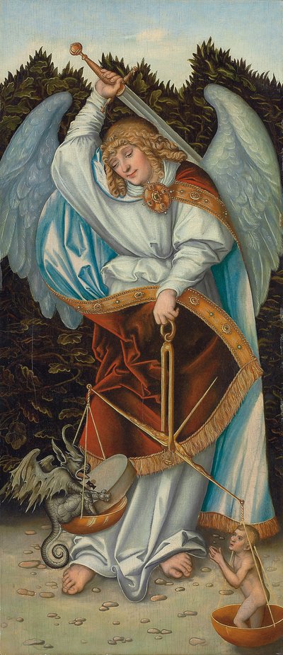 Arkkienkeli Mikael pitelee oikeuden vaakoja (öljy paneelissa) tekijältä Lucas the Elder (workshop of) Cranach