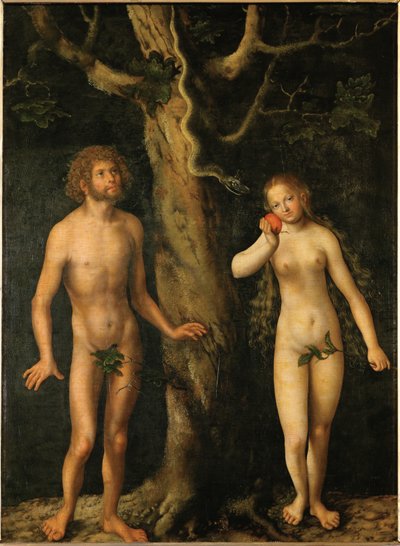 Aatami ja Eeva (maalaus puulle) tekijältä Lucas the Elder Cranach