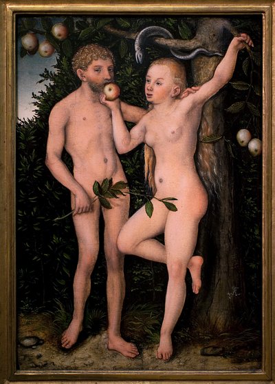 Aatami ja Eeva. Lucas Cranachin entisen maalaus (1472-1553), noin 1538. Flanderin taidetta 1500-luvulta. Kansallisgalleria, Sternbergin palatsi, Praha (Tšekki). tekijältä Lucas the Elder Cranach