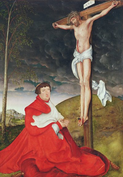 Albert, Mainzin vaaliruhtinaskunnan kardinaali Ristin juurella (öljy paneelissa) tekijältä Lucas the Elder Cranach