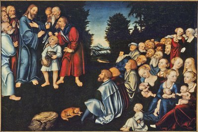 La multiplication des pains - Viiden leivän ja kahden kalan ihme, kirjoittanut Cranach, Lucas, vanhempi (1472-1553). Öljy puulle. Mitat: 82x120 cm. Tukholman kansallismuseo tekijältä Lucas the Elder Cranach