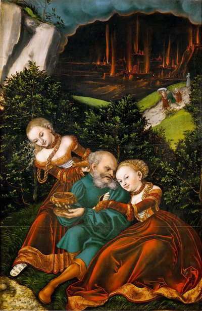 Loth et ses filles - Lot ja hänen tyttärensä - Lucas Cranach, vanhempi (1472-1553). Öljy puulle tekijältä Lucas the Elder Cranach
